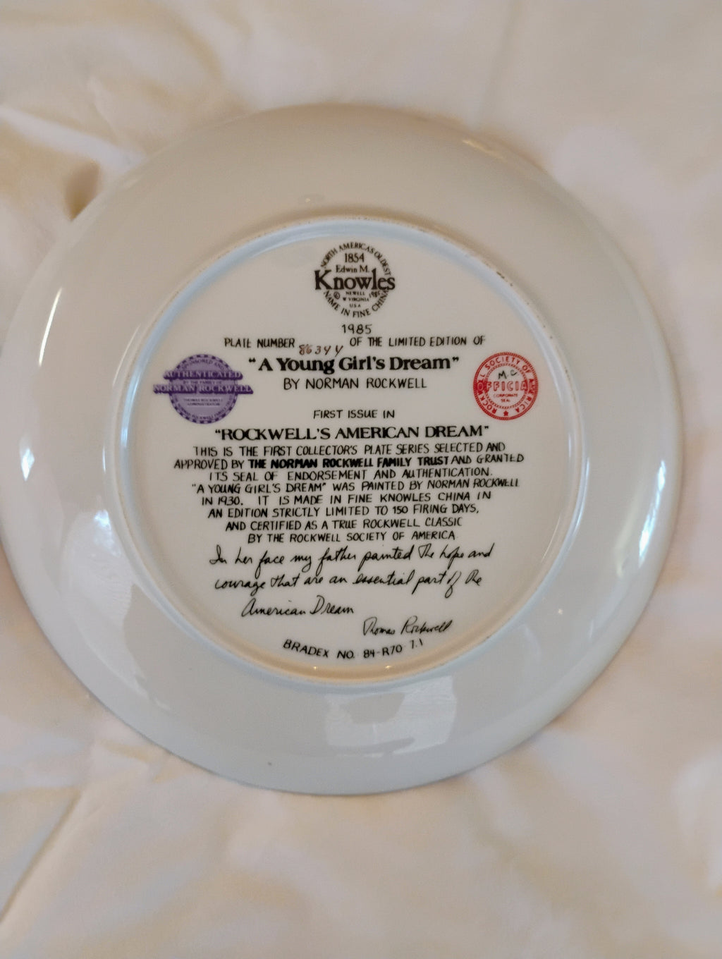 Norman Rockwell "A Young Girl's Dream" Collector Plate by Edwin Knowles