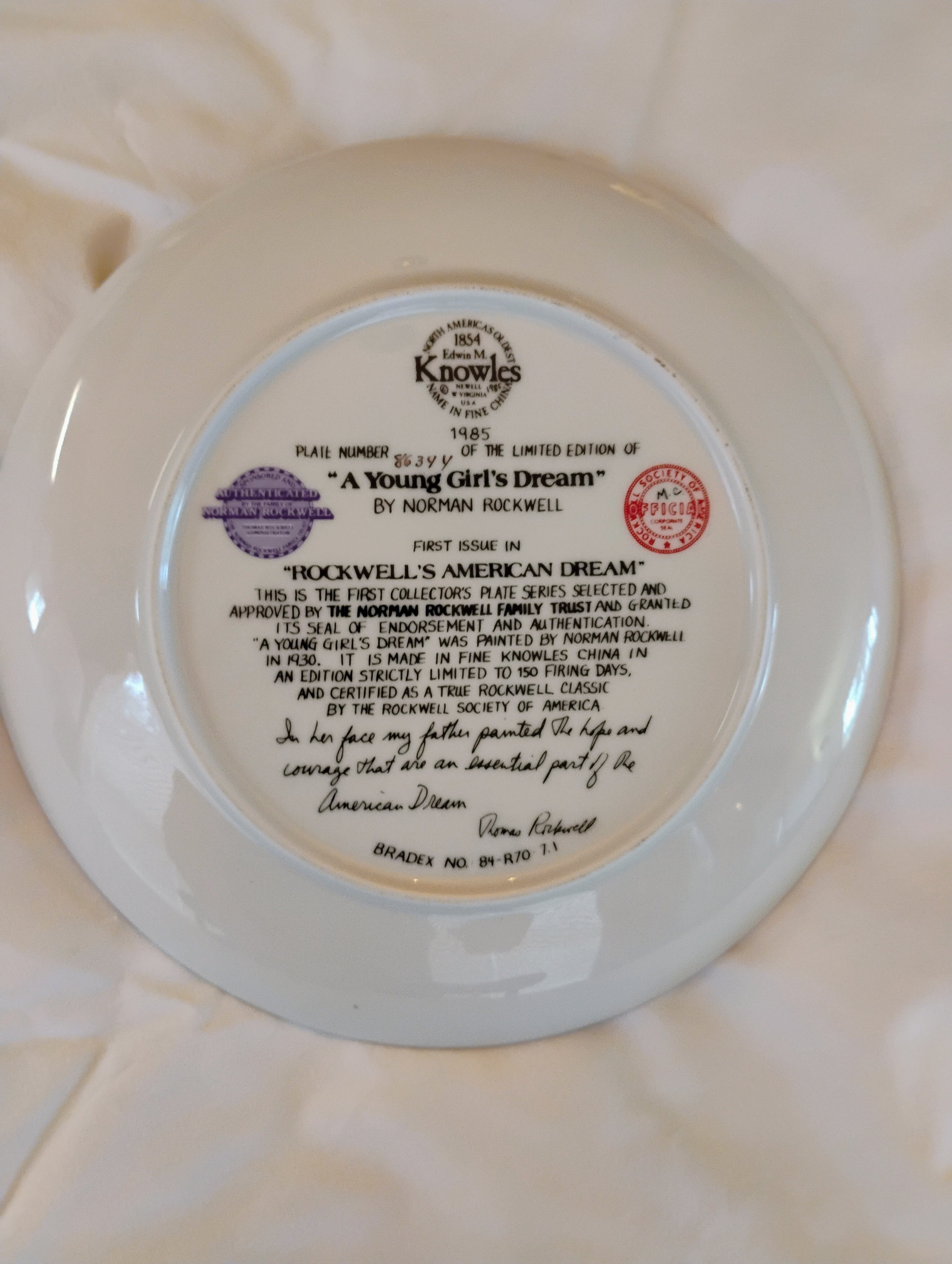 Norman Rockwell "A Young Girl's Dream" Collector Plate by Edwin Knowles