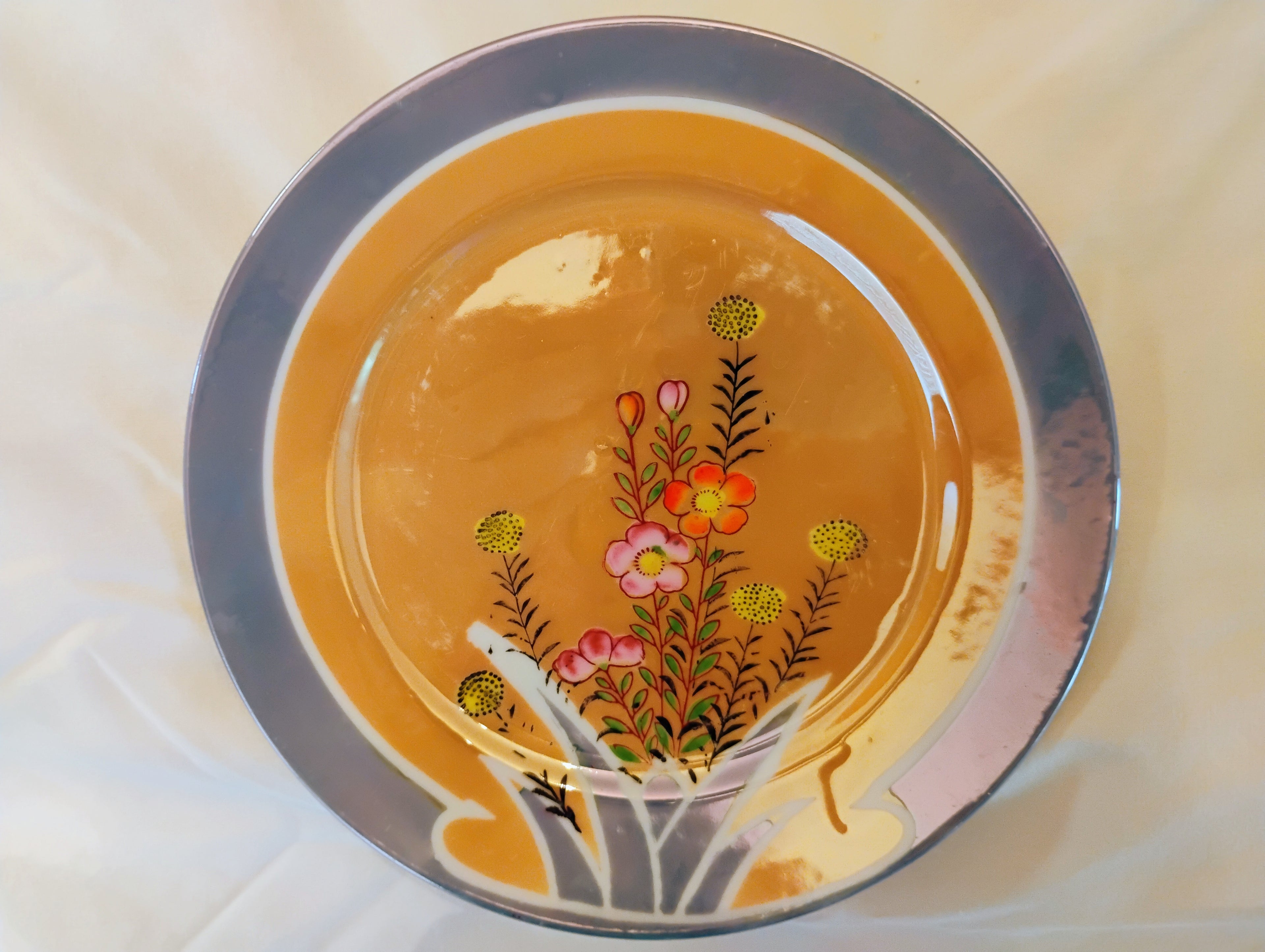 Japanese Lusterware Plate — Amber & Lavender Iridescent Glaze, Hand-Painted Wildflowers, c.1921–1940s