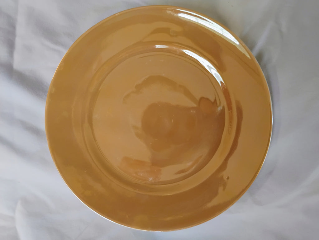Japanese Amber Lusterware Plate — Honey-Gold Iridescent Glaze, Made in Japan, c.1921–1940s