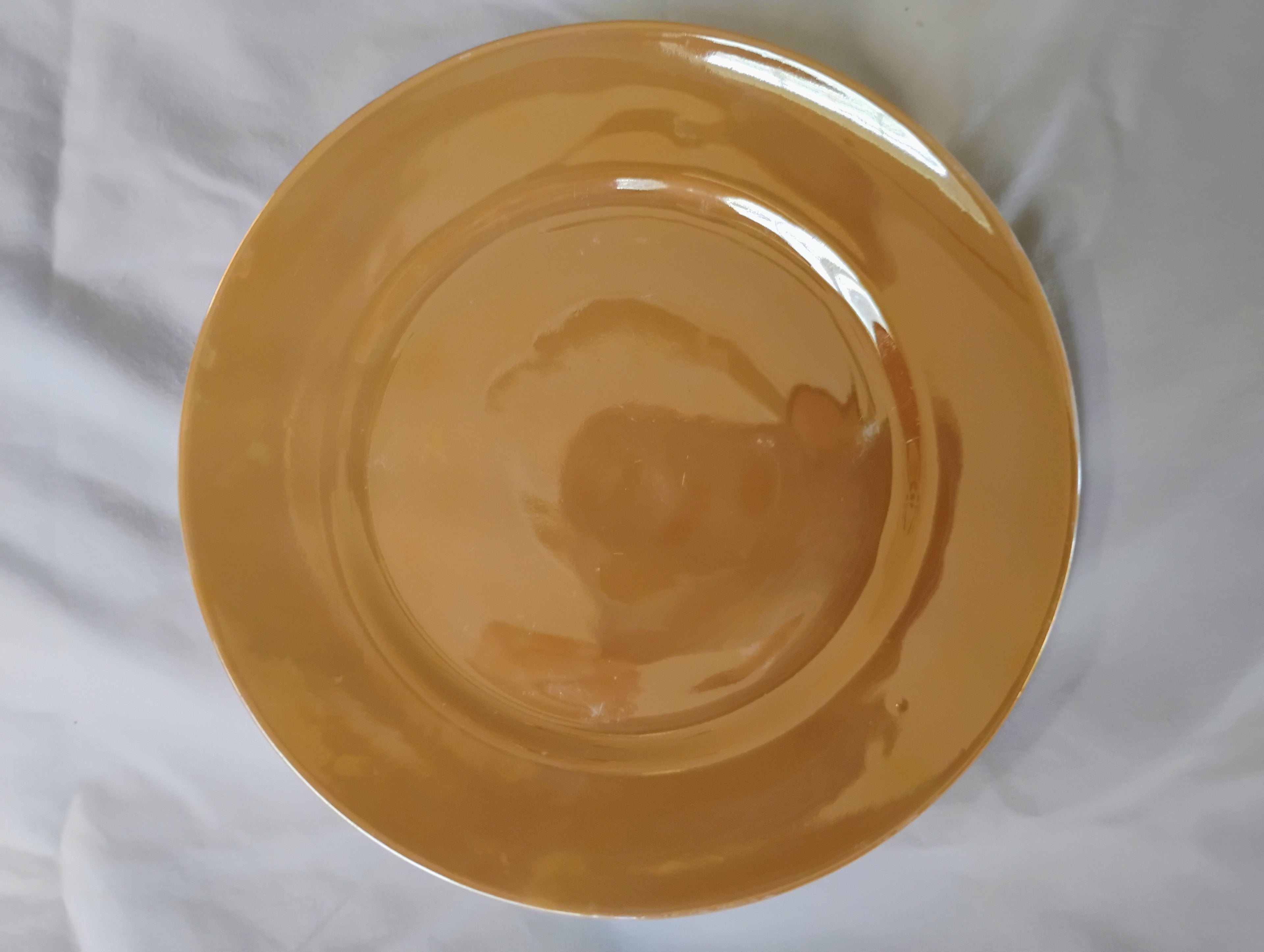 Japanese Amber Lusterware Plate — Honey-Gold Iridescent Glaze, Made in Japan, c.1921–1940s