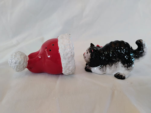 Fitz and Floyd Christmas Cat & Santa Hat Salt and Pepper Shakers — Original Box